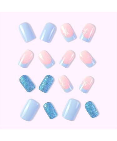 French Tip Press on Nails - Short Square Press On Nails with Nail Tips Blue French fake nails with pink white snowflakes Design Glossy white press on nails Acrylic False Nails Cute Artificial Nails - Buy Online on GoSupps.com
