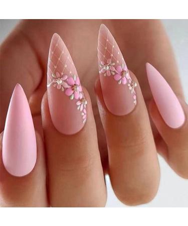24PCS Flower Press on Nails Medium Almond Glossy Fake Nails Pink Flower False Nails Stick on Nails with Glue Spring Nail Decoration with Flowers Design Fake Artificial Nails for Women Manicure