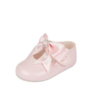 EARLY DAYS Baypods Baby Girls Shoes Soft Soled Pre Walker Shoes Diamante Bow Soft Faux Leather Baby Shoes Made in England 0 UK Child Pink Patent