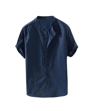Ykohkofe Men Button Down Shirt Summer Short Sleeve Casual Plain Cotton Linen Shirts Slim Fit Chambray T Shirt Navy Large