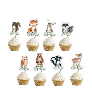 HEETON Woodland Party Cupcake Topper Woodland Baby Shower Welcome Baby Fox Deer Happy Birthday Theme Woodland Creatures Fawn Animal Party Supplies Decorations 48pcs