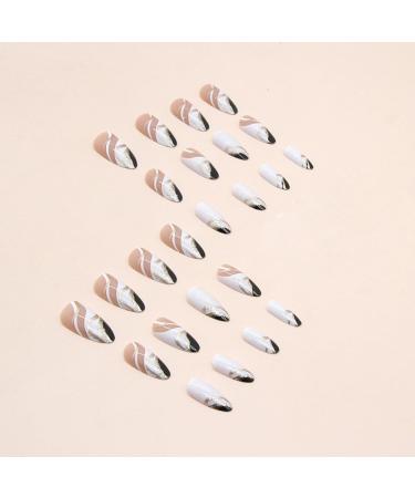 Shop Stylish Almond Short Medium Black & White Press on Nails with Gold Curve Design - Perfect for Weddings & Birthdays | Gel Glue Included - Buy Online on GoSupps.com
