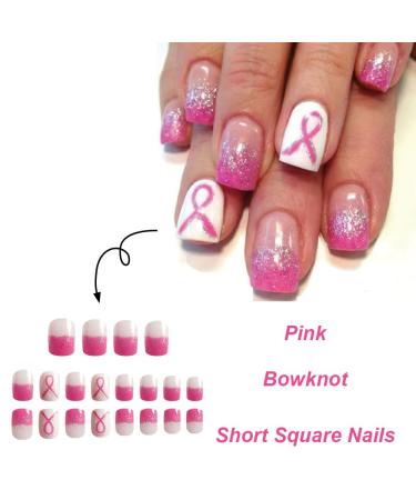 24Pcs Sparkly Breast Cancer Awareness Press-On Nails - Short Square Fake Nails with Pink Glitter & Ribbon Design for Women & Girls - Buy Online on GoSupps.com