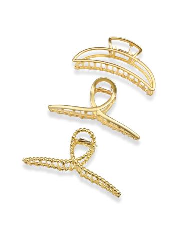 3 Pack Metal Hair Claw Clips, Nonslip Gold Hair Clips, Large Strong Hold Jaw Hair Clamps, Large Hair Clips for Thick Hair, Hair Catch Barrette Jaw Clamp Hair Claws Hairpins Hair Accessories for Women 3 Count (Pack of 1) Large