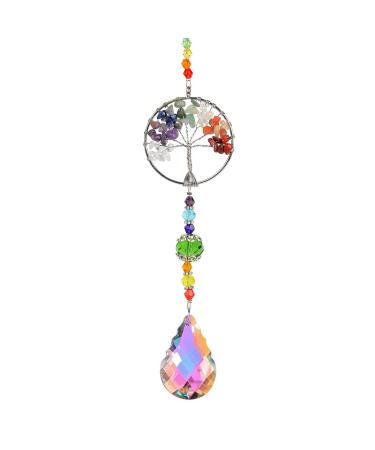 Chakra Healing Crystal Stone Sun Catchers for Windows Tree of Life Tandem Natural Quartz Gemstone Pendant Rainbow Maker Suncatcher Spiritual Gifts for Women