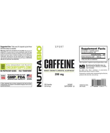 NutraBio 100% Pure Caffeine Capsules - 250 Count | Boost Energy & Focus - Shop Internationally - Buy Online on GoSupps.com