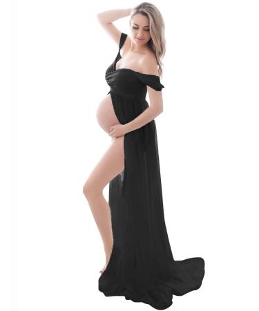 FEOYA Maxi Maternity Dress Chiffon Lace Strapless Gown Split Front for Pregnant Women Photography Full Length Black M