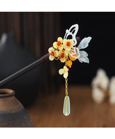 Blue Floral Tassel Hair Stick | Vintage Wooden Hairpin for Wedding Party | Chinese Japanese Hair Accessory - Buy Online on GoSupps.com