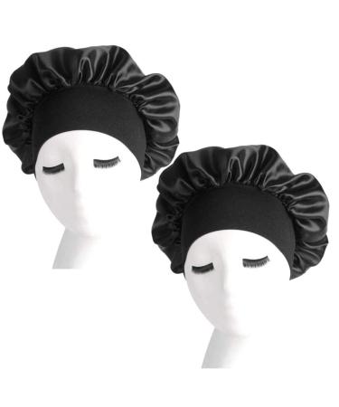 nuoshen 2 Pack Bonnet with Wide Elastic Band Silky Bonnets Hat Soft Satin Sleeping Head Cover for Night Sleep Curly Hair Protection 2 Count (Pack of 1) Black