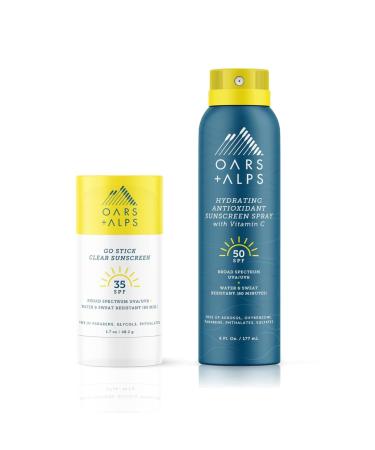 Oars + Alps Go Stick Clear SPF 35 Face Sunscreen + Hydrating SPF 50 Sunscreen Spray Set Skin Care Infused with Vitamin E and Antioxidants Water and Sweat Resistant TSA Friendly 2 Piece Bundle