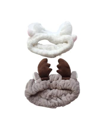 Jilukibo 2 Pack Deer Antler Cat Ear Headband for Women - Soft Elastic Hair Band for Makeup, Washing Face, Shower, Yoga, Spa - White Brown - Buy Online on GoSupps.com