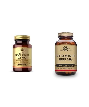 Solgar Vitamin C 1000 mg 100 Vegetable Capsules - Antioxidant & Immune Support - Overall Health Zinc Picolinate 22 mg 100 Tablets - Promotes Healthy Skin