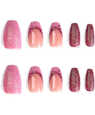 24pcs Short Coffin French Tip False Nails | Pink Purple Glitter Press On Nails | Removable Glue-On Nails | Full Cover Fake Nails - Nail Art Accessories - Buy Online on GoSupps.com