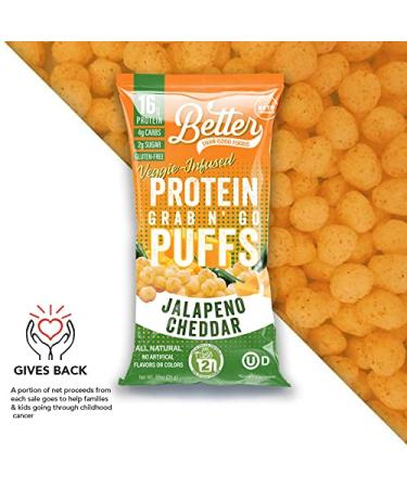 BETTER THAN GOOD Keto Protein Puffs | 16g Protein, 2 Servings Fruits & Veggies | Paleo, Low Sugar, Low Calorie, Gluten Free, Diabetic Friendly | Jalapeno Cheddar Flavor - 6 Pack, 0.88 oz - Buy Online on GoSupps.com