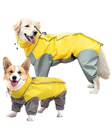 SUNFURA Full Body Dog Raincoat, Waterproof Dog Poncho Jacket with Adjustable Drawstring Removable Hood and Leash Hole, Lightweight Rainwear with Magic Sticker for Small Medium Large Dog Yellow XL X-Large Yellow