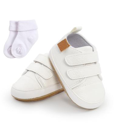 Baby Girls Boys Sneakers Toddler Shoes PU Leather First Walking Shoes Anti-Slip Infant Newborn Prewalker Sneakers for 0-18 Months with Sock 12-18 Months White