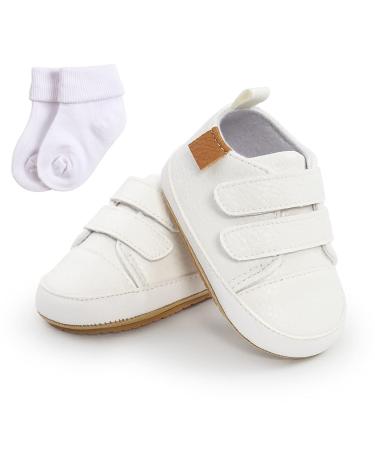 Baby Girls Boys Sneakers Toddler Shoes PU Leather First Walking Shoes Anti-Slip Infant Newborn Prewalker Sneakers for 0-18 Months with Sock 0-6 Months White