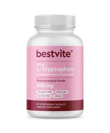 BESTVITE L-Tryptophan 500mg with B3 & B6 (120 Vegetarian Capsules) No Fillers No Stearates