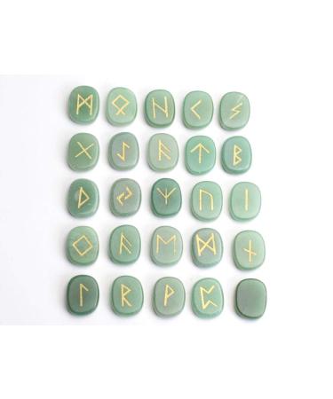 Natural Crystal Rough Natural Green Carved Crystal Palm Stones Engraved Pagan Lettering Wiccan Rune Stones Set with A Pouch - Stones