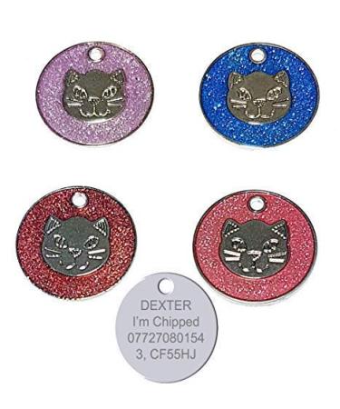 Engraved 25mm Round Pet Cat Glitter Luggage ID Identity Tag Disc - Personalised FREE ENGRAVING (Blue)