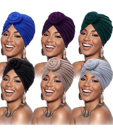 SATINIOR 6 Pieces Women African Turban Flower Knot Pre-Tied Bonnet Beanie Cap Headwrap Black, Royal-blue, Gray, Camel, Purple, Green
