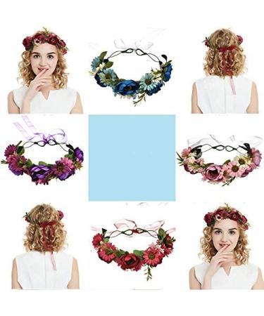 Floral Crown Headband Bride Flower Wreath Crown Flower Garland Headband Hair Wreath Hair Garland Boho Floral Headpiece with Ribbon Rose Flower Bohemian Hair Accessories for Wedding Party Festival Blue - Buy Online on GoSupps.com
