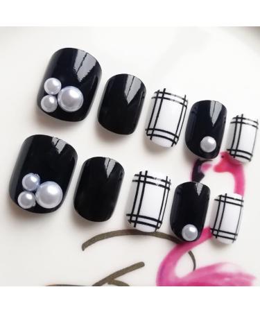 24Pcs/Set Press On Nails Black Withe With Pearl False Nails Acrylic Fake Nails Full Cover Nails Tips Artificial Finger Manicure Press on nails for Women and Girls - Buy Online on GoSupps.com
