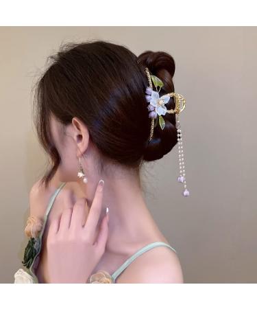 Large Butterfly Hair Claw Clips Gold Flower Lily of the Valley Sunflower Butterfly Hair Claw Clips with Tassel Metal Pearl Nonslip Clamps Styling Accessories for Thick Long Hair Women Purple Violet