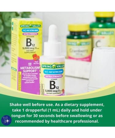 Liquid Vitamin B12 5000mcg Metabolism Supplement Berry 2 fl oz Spring Valley and Bookmark Gift of YOLOMOLO - Buy Online on GoSupps.com