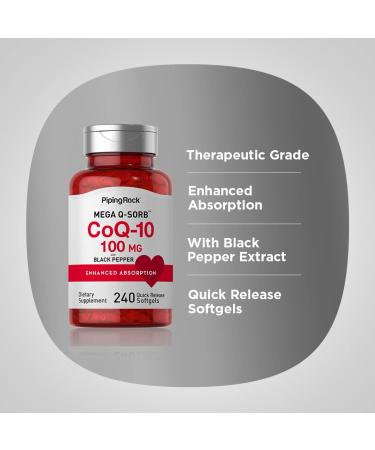 Piping Rock CoQ10 100mg | 240 Softgels | Enhanced Absorption Supplement for Women and Men | Non-GMO Gluten Free - Buy Online on GoSupps.com