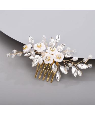 Chargances Bridal Rhinestone White Flower Hair Comb Wedding Beaded Crystal Hair Side Comb Vintage Handmade Hair Accessories for Wedding Bridal Bridesmaid Prom Flower Girls (Gold)