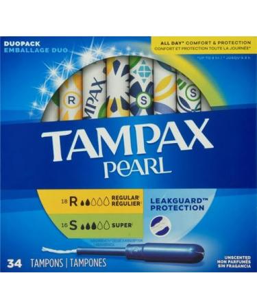 Tampax Pearl Tampons Multipack Regular/Super Absorbency with Leakguard Braid Unscented 34 Count Unscented 34 Count (Pack of 1) - Buy Online on GoSupps.com