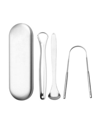 Tongue brush scrap |Tongue scraper cleaner |Oral care tongue scraps tongue scraper to reduce bad breath tongue cleaner for bad breath stainless steel tongue tongue scraps silver open hole spoon shape U-shaped three-part set