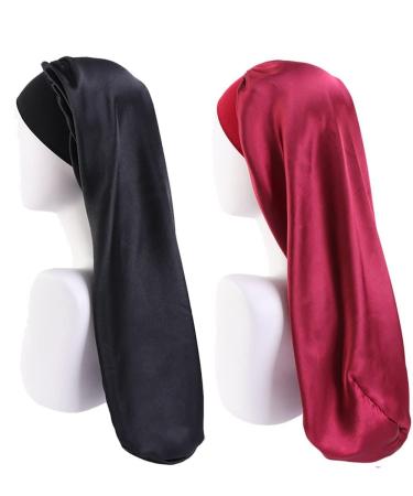 Ladaypoa long satin sleeping cap 2 pieces large sleeping hats for women long braids satin-sleep hat extra large sleeping cap with a wide elastic ribbon soft and convenient black+red