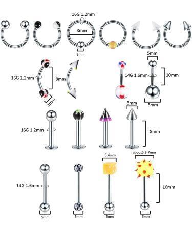 Xpircn 120PCS Piercing Kit Stainless Steel Acrylic 14G 16G - Piercing Jewelry Set with Nose, Septum, Lip, Tongue, Eyebrow, Tragus, Belly, Nipple Barbell Rings - Silver&Acrylic - Buy Online on GoSupps.com