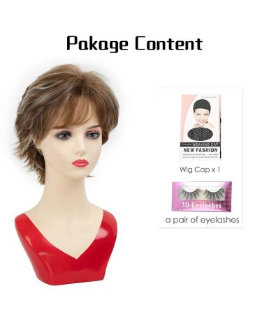 Short Brown Curly Wig with Blonde Highlights - Layered Synthetic Pixie Cut Wavy Wig for White Women - Ideal for Daily & Party Wear - Buy Online on GoSupps.com