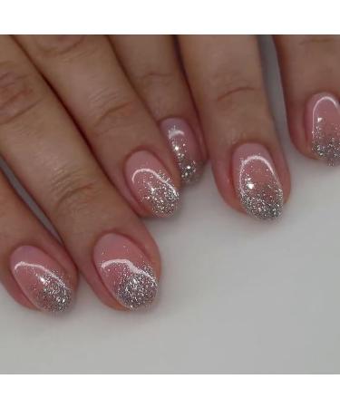 French Tip Press on Nails - Short Round Press On Nails with Nail Tips sparkling Pink False Nail press on nails Acrylic False Nails Cute Artificial Nails