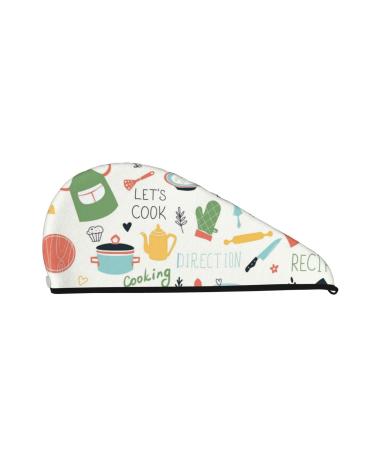 Kitchen Doodle Pattern Microfiber Hair Towel Soft Super Absorbent Hair Towel Wrap for Women Coral Velvet Quick Dry Hair Cap for Long Curly and Thick Hair