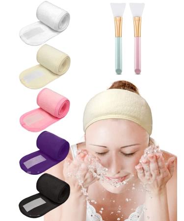 Spa Headband Hair Wrap EUICAE Hair Towel Non-slip Stretchable Washable Makeup Headband for Face Wash Facial Treatment Sport Bright Colors Pack of 6 with 2 Mask Brushes (Hot style mixed colors)