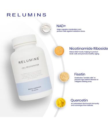 Relumins NAD+ Supplement with Nicotinamide Riboside Resveratrol Quercetin Fisetin & Curcumin Focus Vitality Energy Balance & Daily Wellness Support 60 Vegan Capsules Cell Regenerator - Buy Online on GoSupps.com