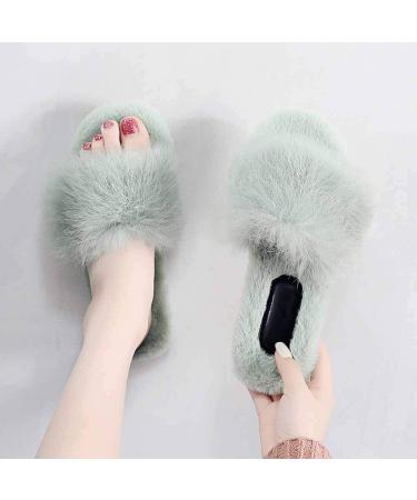 Black Fluffy Sliders Faux Fur Fluffy Slippers Women Slippers Fashion Ladies Shoes Furry Flip Flops Fur Slides with Arch Support Female Flat Sandals Autumn Slides for Indoor Outdoor (D 24.5CM) (C 24 C 24.5CM