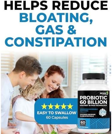Renew Actives Probiotic Supplement for Digestive Health 60 Billion CFU per 2 Capsules - Advanced Formula with Prebiotic Benefits - Supports Gut Flora Balance & Wellness - Made in Canada - 60 Capsules - Buy Online on GoSupps.com