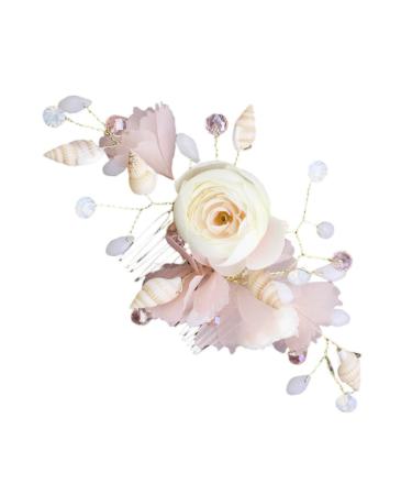 Housoutil Bridal Hair Comb Rhinestone Hair Side Comb Wedding Hair Accessories Flower Headpiece for Women Flower Hair Comb Hair Clips Bride Conch Wedding Flowers Pink Silk Cloth