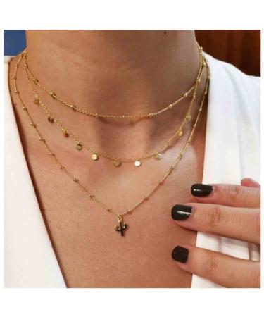 Boho Layered Disc Coin Necklace Choker Gold Cactus Pendant Necklace Stacking Satellite Chain Necklace Vintage Multilayer Necklace Chain Jewelry for Women and Girls Gifts