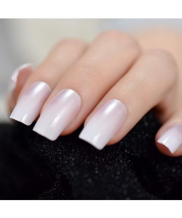 EchiQ Pearl Shine Glossy Fake Nails - Shimmer White Square French Ombre Gradient Faux Ongles Medium Fingernails - Buy Online on GoSupps.com