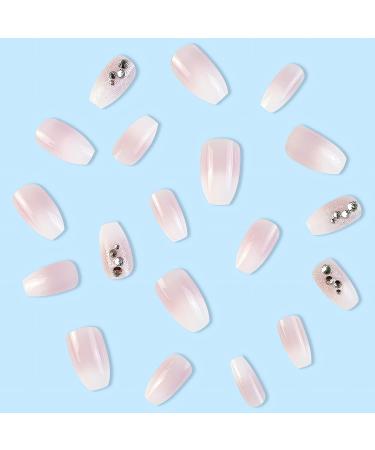 Glossy Pink White Medium Coffin Press On Nails - 24Pcs | Summer Nail Art with Rhinestone & Glitter | Full Cover Acrylic Stick On Nails for Women - Buy Online on GoSupps.com