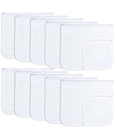 Muslin Burp Cloths 10 Pack Large 100% Cotton Hand Washcloths 6 Layers Extra Absorbent and Soft by Comfy Cubs (White, Pack of 10) White 10-Pack 20"X10"