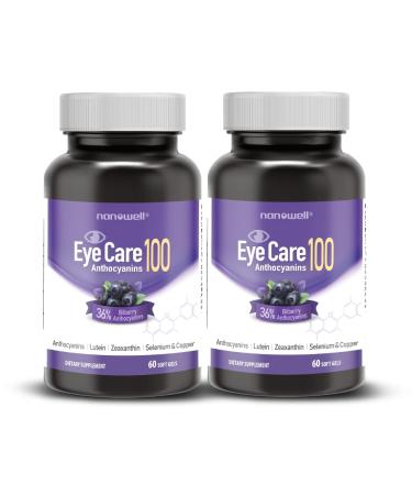 NANOWELL EyeCare Anthocyanins 100 - Eye Health Vitamins with Bilberry Zeaxanthin Lutein - 60 Softgels X 2 Bottles for 4 Months (120 Count) 60 Count (Pack of 2)