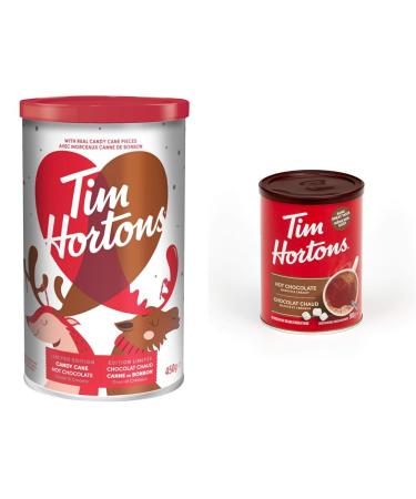 Tim Hortons Candy Cane Hot Chocolate Beverage Mix Limited Time Offer 450g Can & Hot Chocolate Beverage Mix Original 500g Can Flavored Drink Concentrate+ Granola Bars