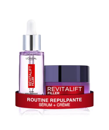 L'Or al Paris - Routine Set 2 Anti-Aging & Anti-Wrinkle Products - Plumping Serum + Volumizing Day Cream - Enriched with Hyaluronic Acid - For All Skin Types - Revitalift Filler
